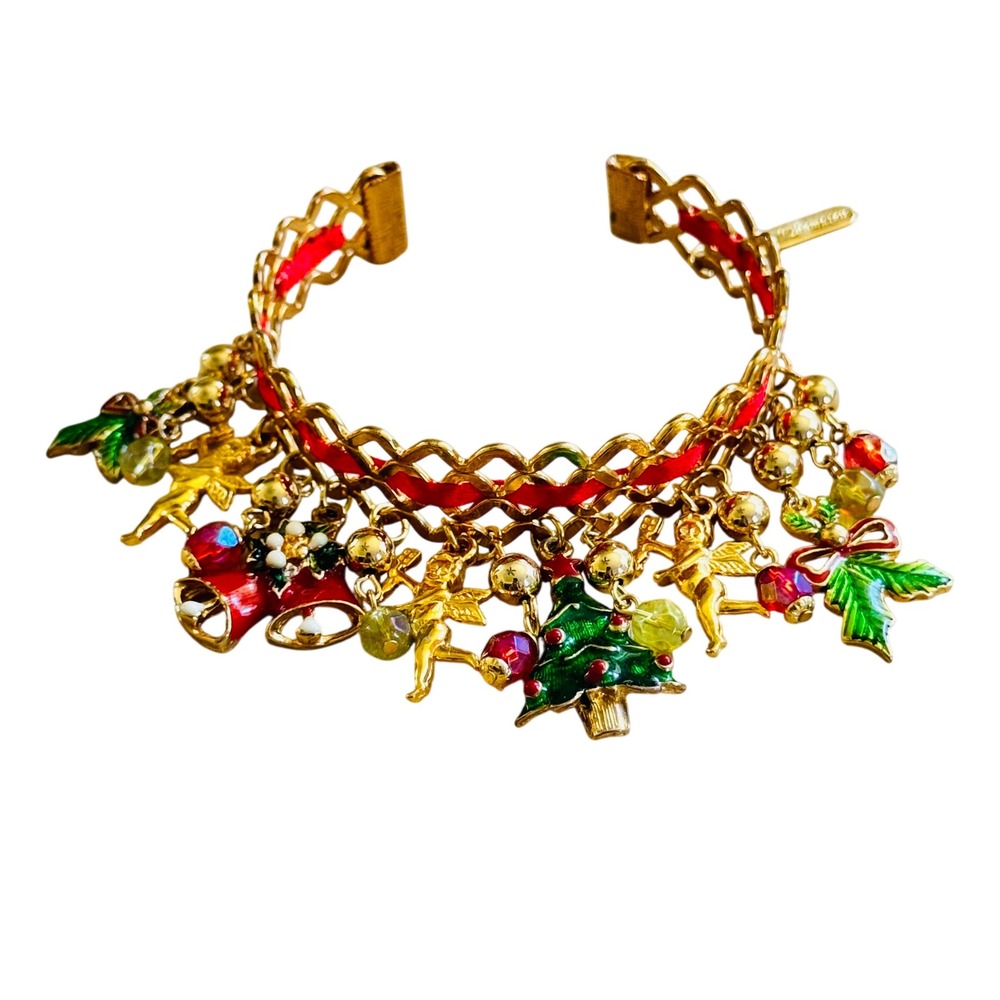 Margot Thompson Christmas Charm Cuff Bracelet Whimsical Angel Cherub Tree Chunky